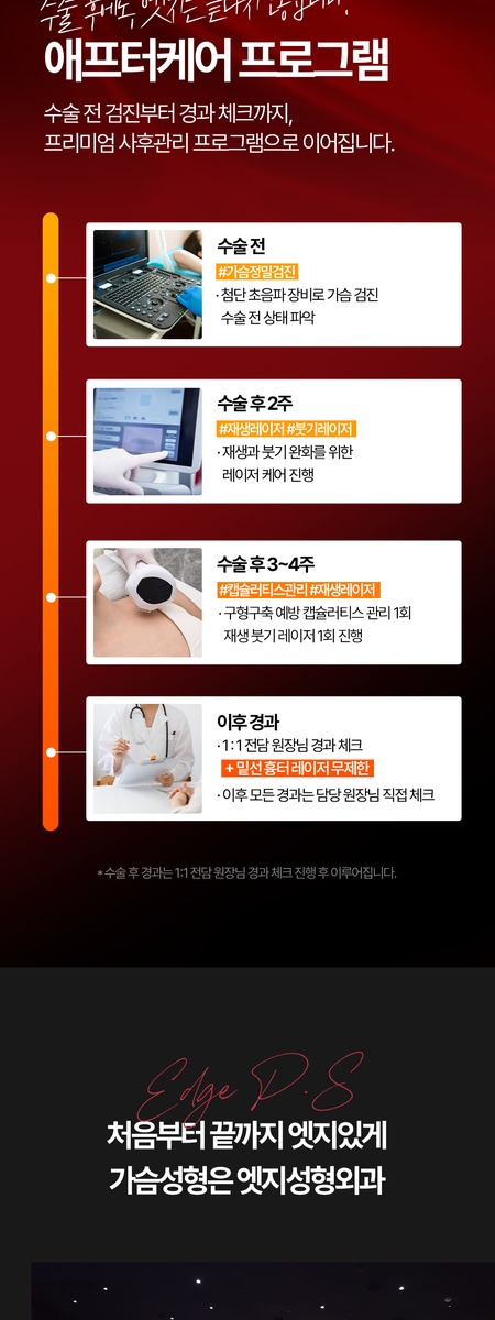 엣지성형외과 가슴성형 애프터케어 프로그램과 재생 레이저, 붓기 레이저, 경과 체크