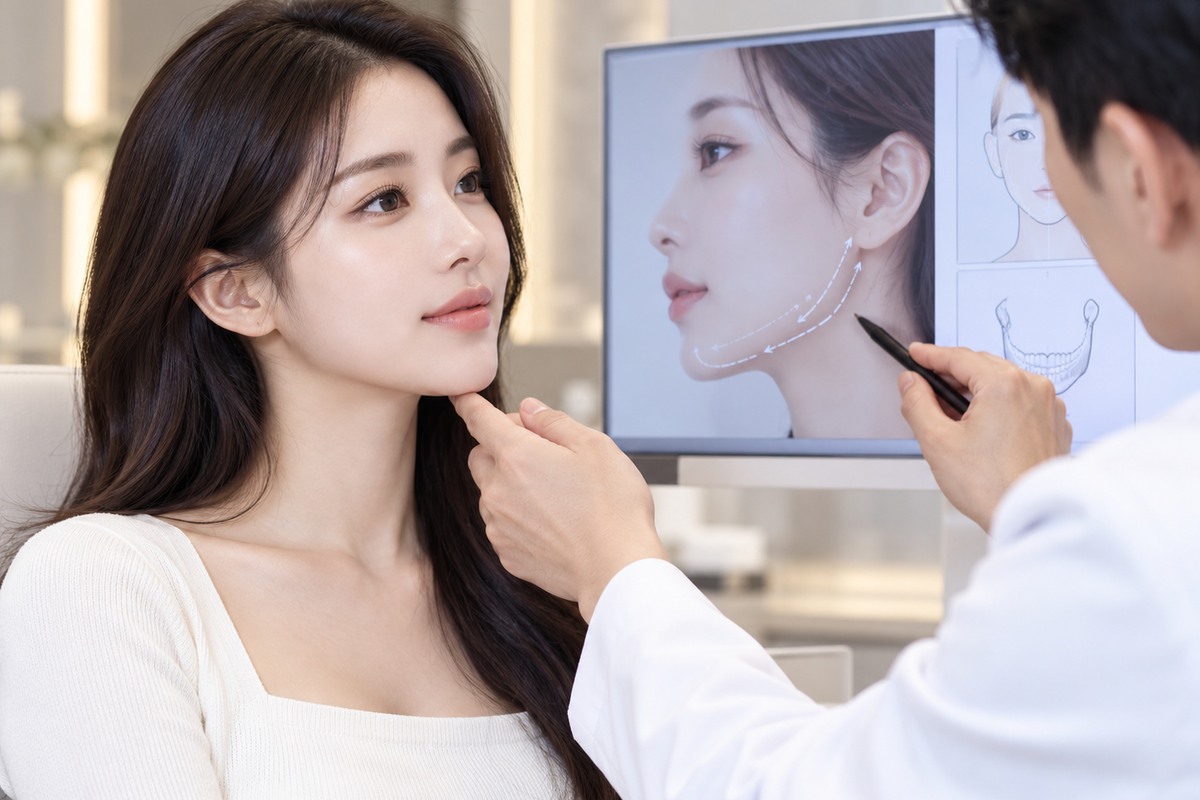 이전 시술 이력과 얼굴 상태를 함께 살펴보는 상담을 표현한 연출 이미지입니다.