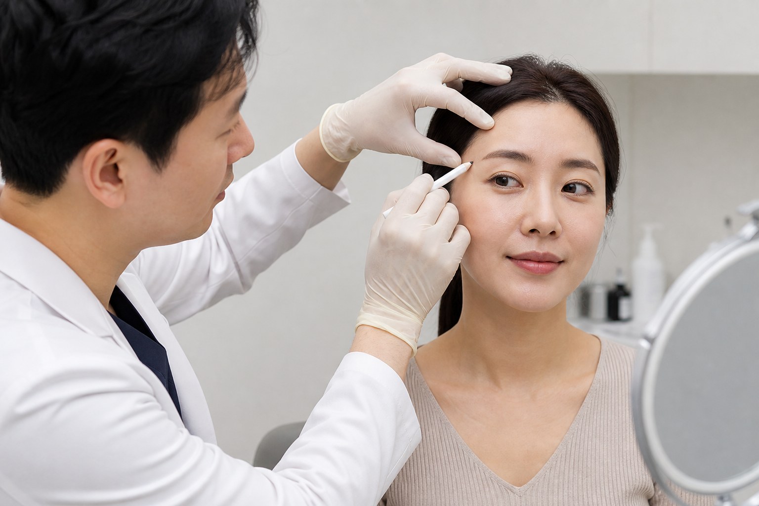 보톡스와 필러 시술 전 얼굴 근육과 윤곽을 확인하는 의료진 예시 이미지