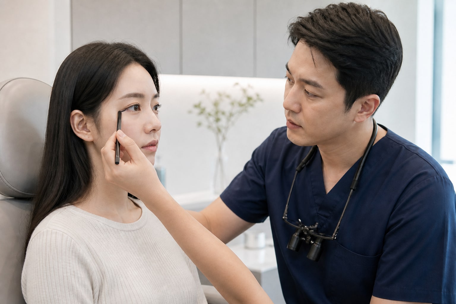 뒷트임과 밑트임 수술 방향을 상담하며 외안각을 확인하는 의료진과 환자 예시 이미지