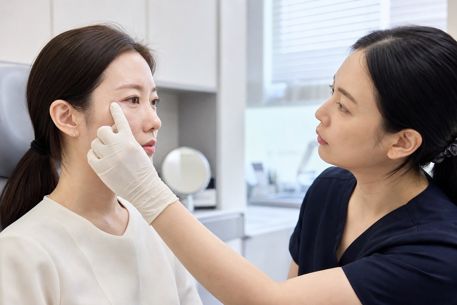 트임 수술 후 외안각과 하안검 상태를 확인하는 의료진과 환자 예시 이미지