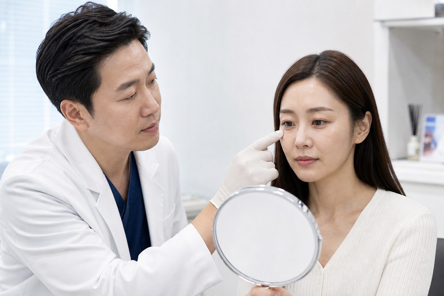 다크서클 원인을 확인하기 위해 눈 밑을 살피는 의료진과 환자 예시 이미지