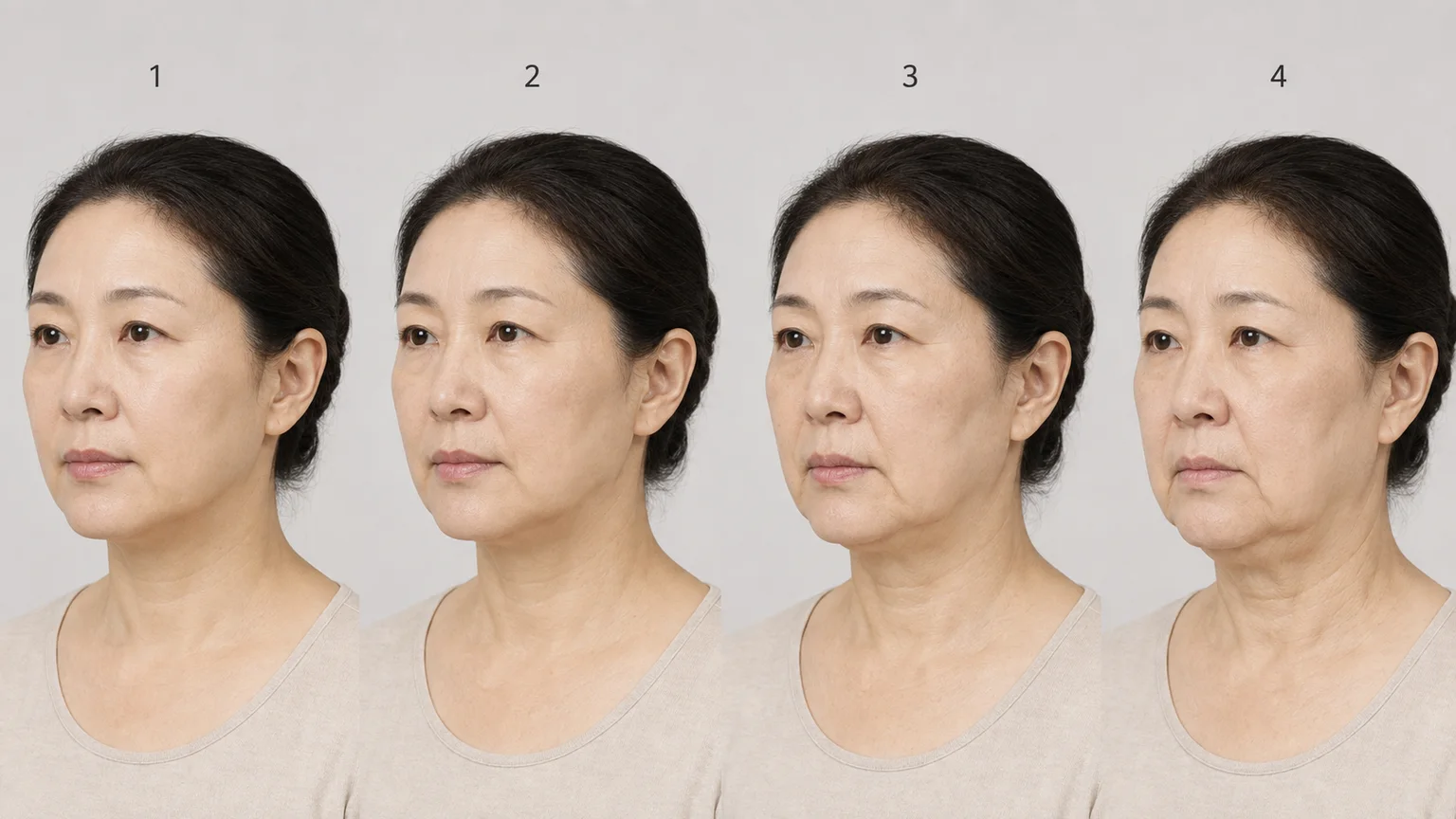 얼굴 처짐이 초기에서 전반적으로 진행되는 모습을 정면에서 네 단계로 비교한 예시 이미지