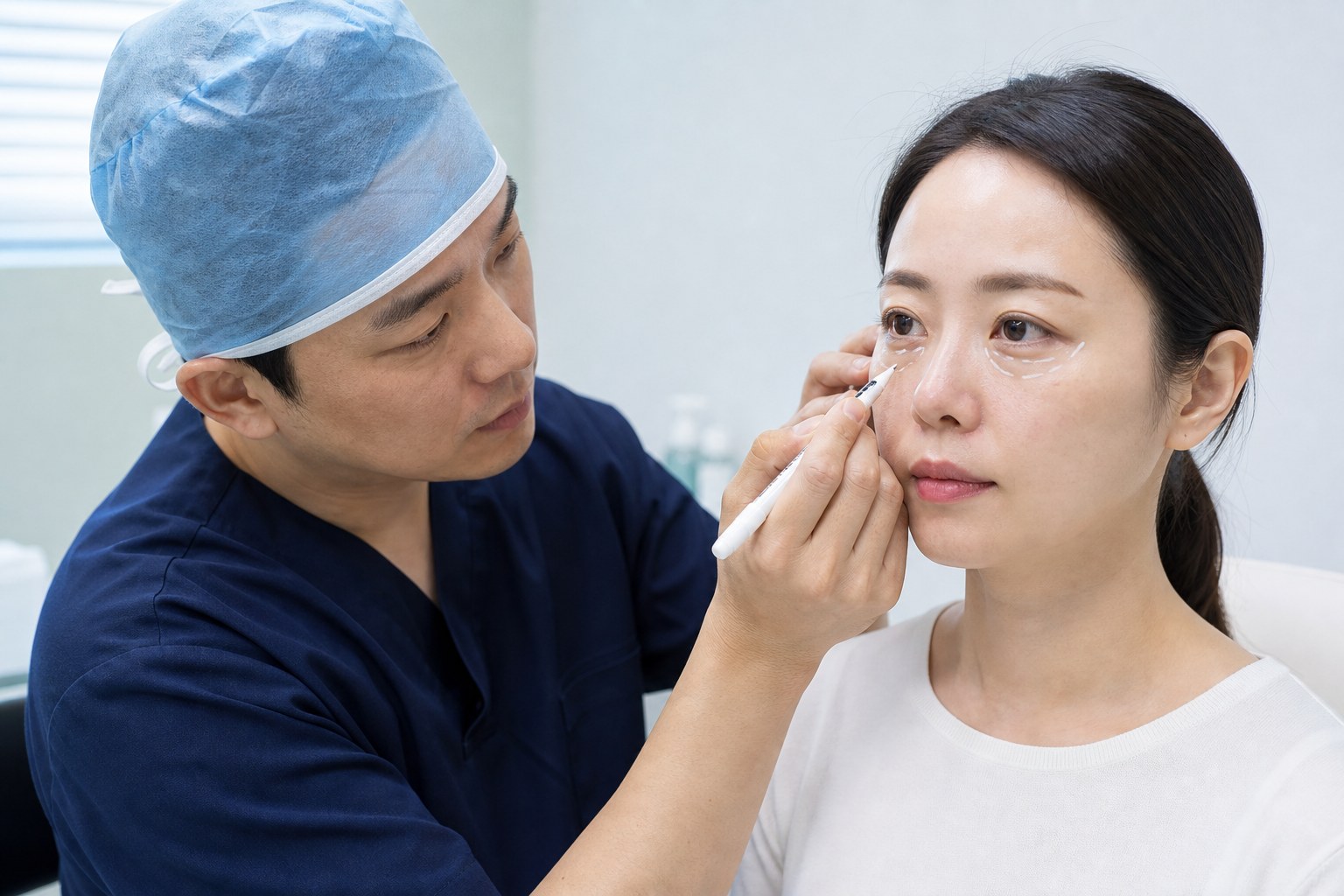 눈밑 불룩함 수술 전 아래눈꺼풀을 디자인하는 의료진 예시 이미지