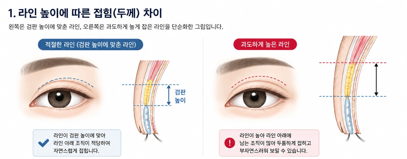 적정한 라인과 과도하게 높은 라인의 접힘 두께 차이를 비교한 눈꺼풀 일러스트