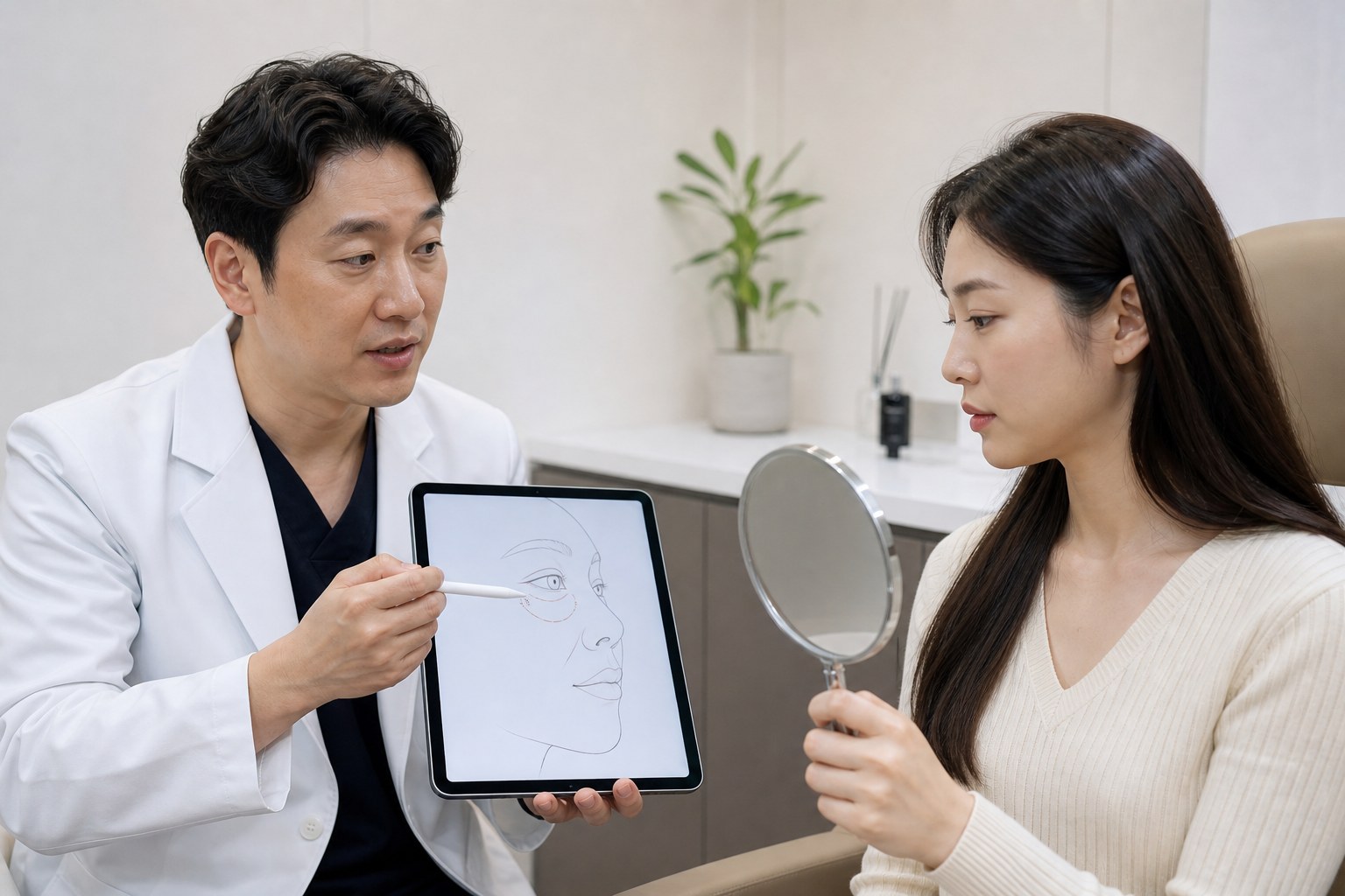 눈밑 지방 돌출과 눈물고랑 함몰을 상담하는 의료진과 환자 예시 이미지