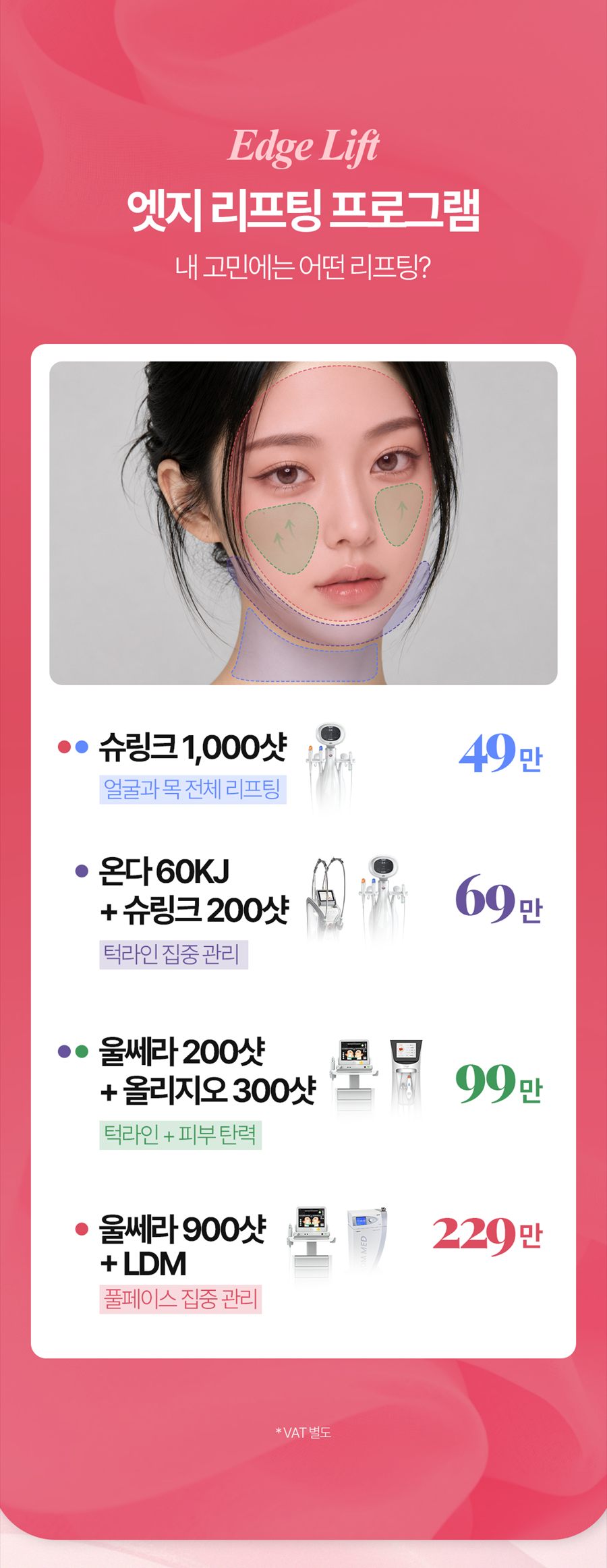 얼굴과 목, 턱라인, 피부 탄력 및 풀페이스 엣지 리프팅 구성과 가격 안내